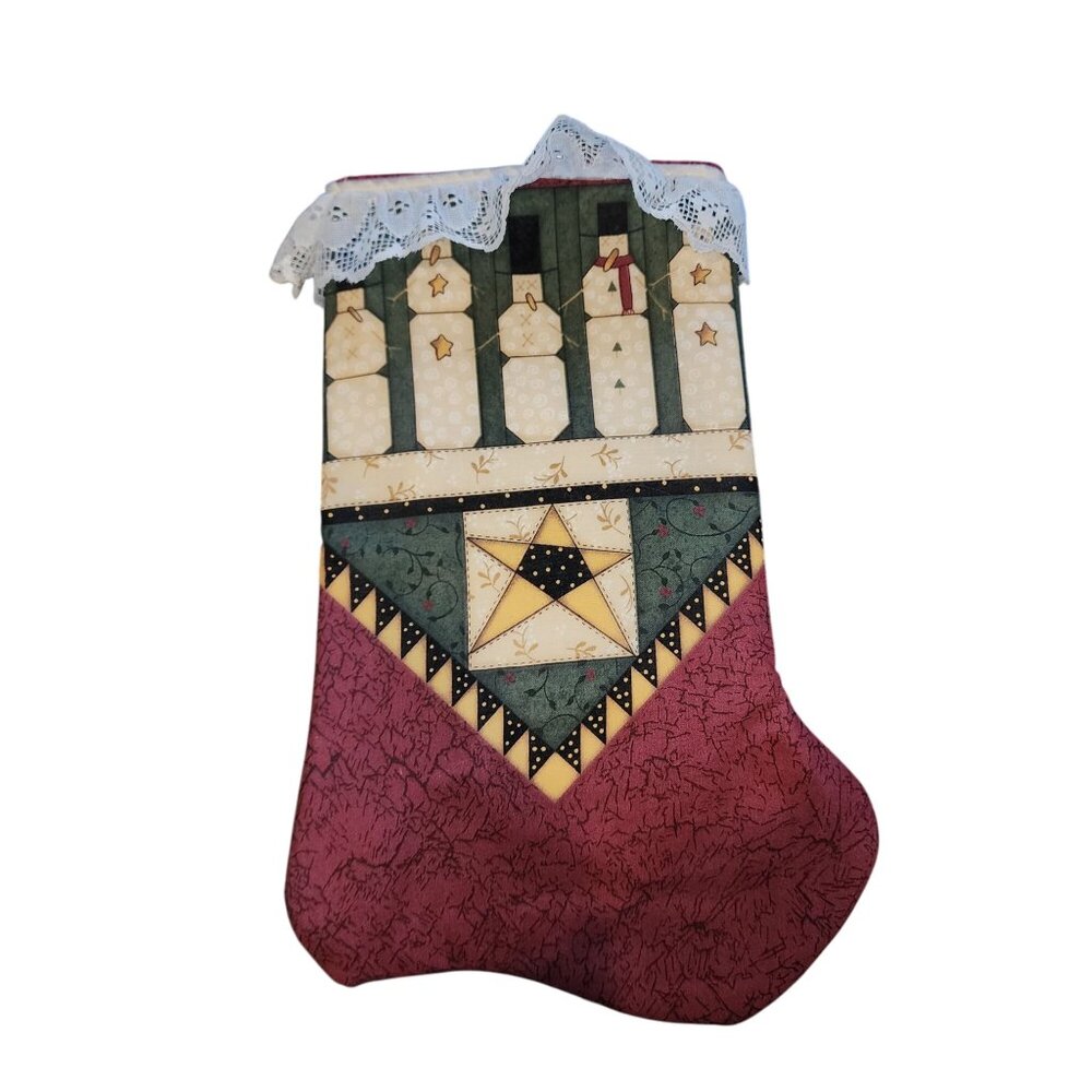 Quilted Christmas Stocking With Lace Trim & Patchwork Design